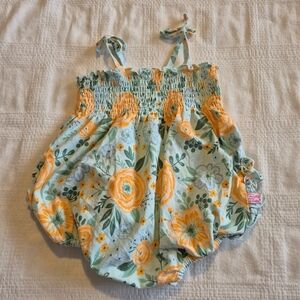 Ruffle Butts girls 12-18 months floral teal & orange bubble romper NWOT